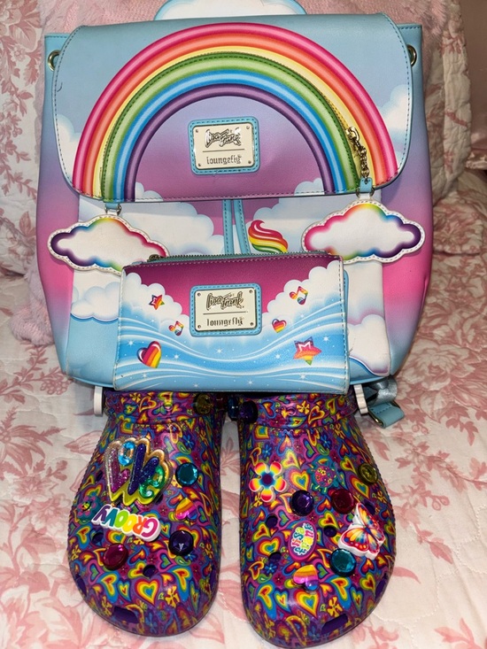 Lisa Frank Loungefly and Crocs Bundle Handbags - Lisa Frank Pastel Rainbow Cloud Backpack with Matching Wallet